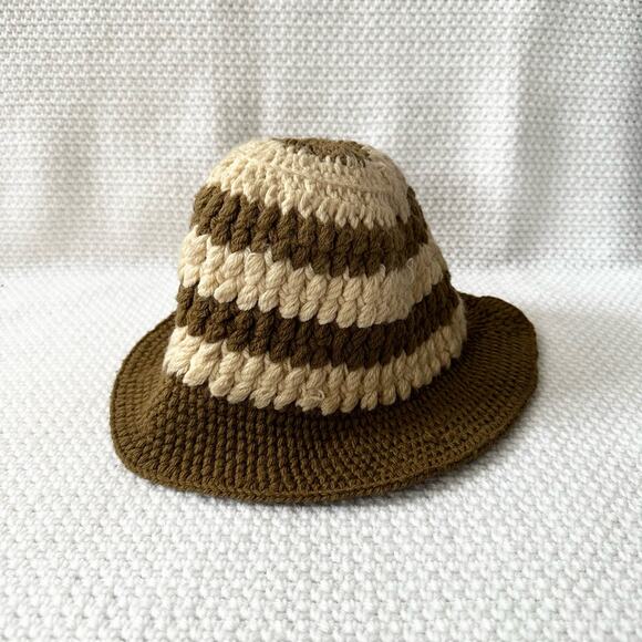 Handmade Crochet Brown Beige Tan Stripe Bucket Hat One Size Boho - Picture 2 of 10